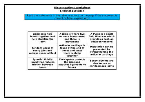 BTEC Level 3 - Skeletal System - Misconceptions worksheet 4