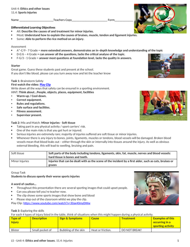 IGCSE PE (spec 2018) 11.4: Sport Injuries | Teaching Resources