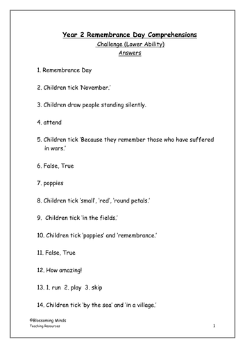 Remembrance day reading comprehension grade 8