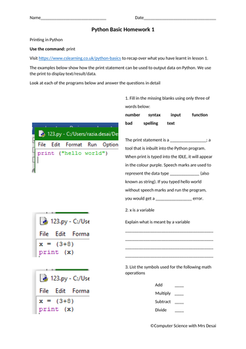 Lesson worksheets, Homework and assessment for Python (ks3) - For 1 ...