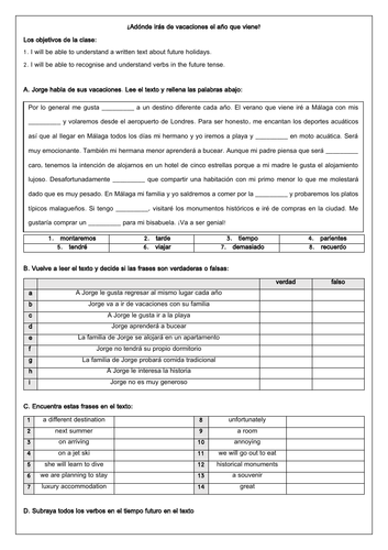 Spanish Holidays Future Tense Worksheet - las vacaciones GCSE