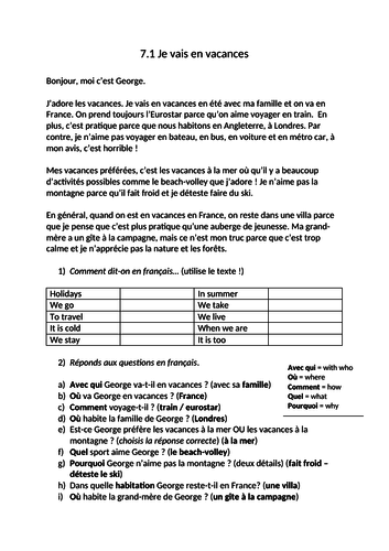 KS3 - French - Holidays - Allez 1 7.1 je vais en vacances (reading + questions)