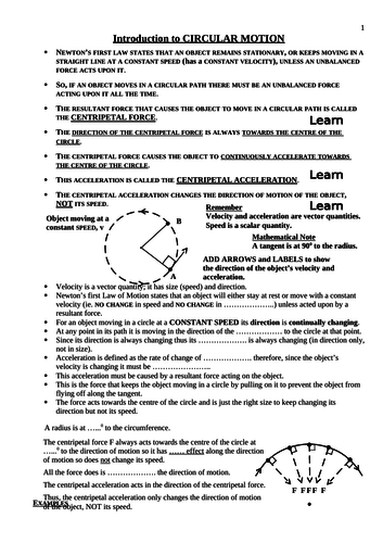 Physics KS4, KS5   CIRCULAR MOTION Introduction - Student Notes and Questions