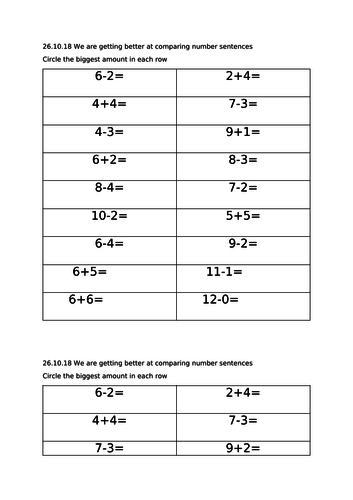 Comparing Number Sentences Year 2