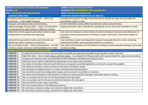 COLONS AND SEMICOLONS PUNCTUATION WORKSHEETS WITH ANSWERS Teaching 