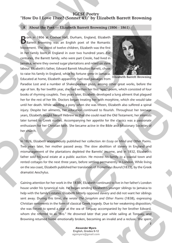 Igcse How Do I Love Thee Sonnet 43 Elizabeth Barrett Browning Answers Study Guide Teaching Resources