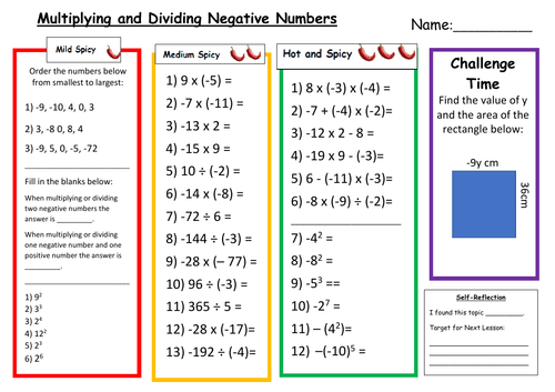 multiplying and dividing negative numbers differentiated worksheet