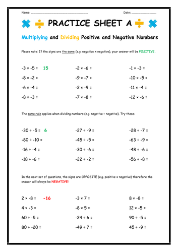Add Subtract Multiply Divide Positive Negative Numbers Worksheet