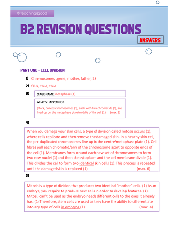 Biology Topic 2 (B2) activity sheet WITH answers - stem cells, division, differentiation