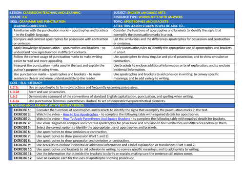 APOSTROPHES AND BRACKETS - PUNCTUATION: WORKSHEETS WITH ANSWERS