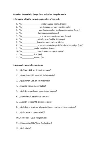 Irregular Verbs Yo Form Present Tense Teaching Resources