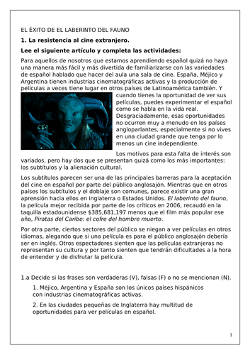 Spanish A Level: El éxito de El laberinto del fauno. The success of Pan's Labyrinth (Reading)