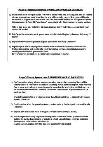 Reduction of Egocentrism in Piaget's Theory - Hughes' Policeman Doll Study - AQA GCSE PSYCHOLOGY