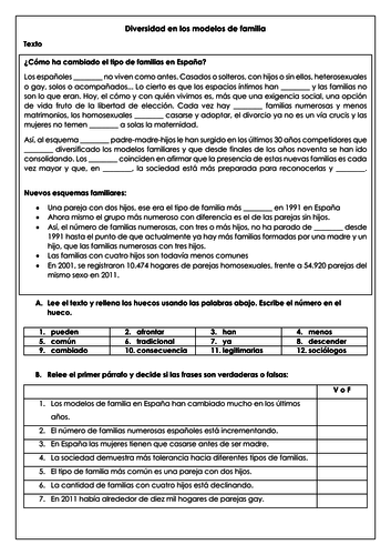 Spanish A Level Family Structure: diversidad en modelos de familia _reading, vocabulary, translation