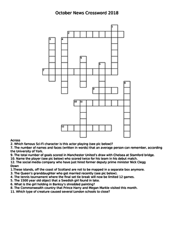 October 2018 UK and beyond Current Affairs Crossword Quiz Teaching