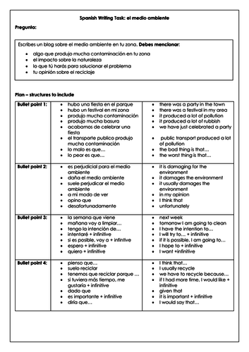 Spanish GCSE scaffolded writing task on the environment: el medio ambiente (plan & model answer)