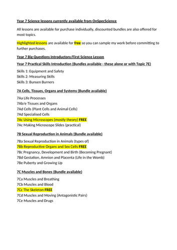 Year 7 Science Lessons Checklist with Free Lessons for you to try