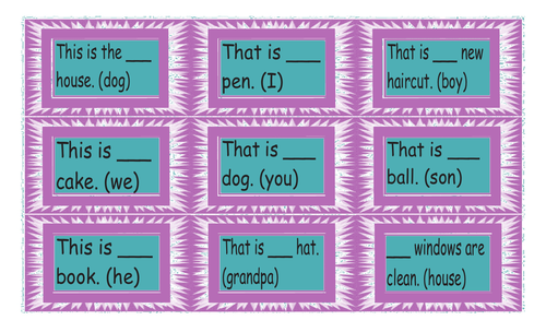 Possessive Adjectives and Possessive Case Legal Size Text Card Game
