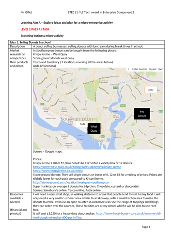 BTEC Tech award in Enterprise level 1 / 2 example coursework answer for C2 LAA (course ends in 2023)