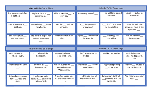 Adverbs Legal Size Text Tic-Tac-Toe-Bingo Game