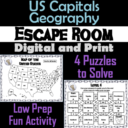 US States and Capitals Game: Geography Escape Room Social Studies