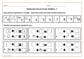 halloween addition and subtraction secret codes to 10 and then 20