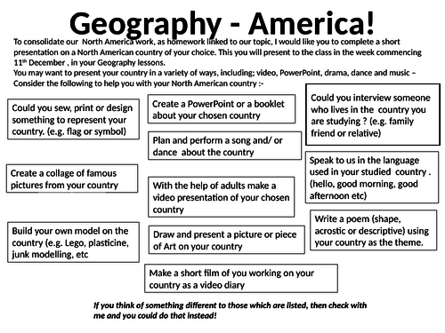 north america homework ideas