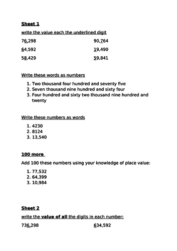 read and write 5 and 6 digit numbers - worksheets & challenges - Y5