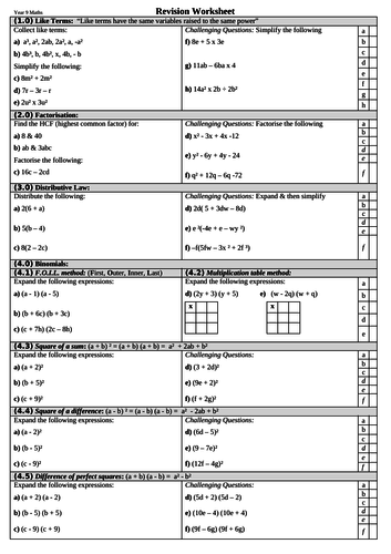 KS3 Year 9 Maths Revision Algebra Worksheet Teaching Resources