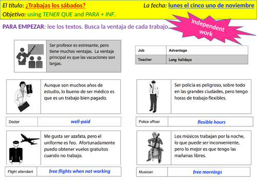 ¿Trabajas los sábados? - talking about part time jobs, using TENER QUE, and para + inf.