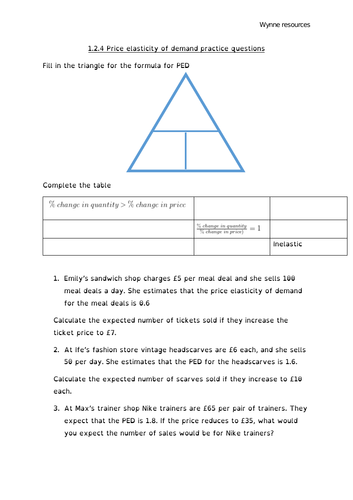 Price Elasticity Of Demand Practice Questions Worksheet Edexcel 1 2 4 A Level Business Studies Teaching Resources