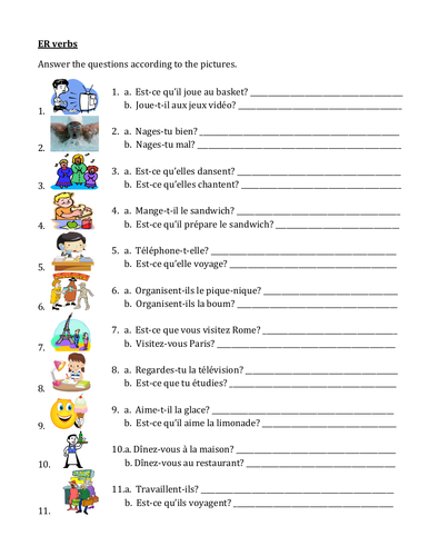 ER Verbs in French Verbes ER Present tense Worksheet 6 | Teaching Resources