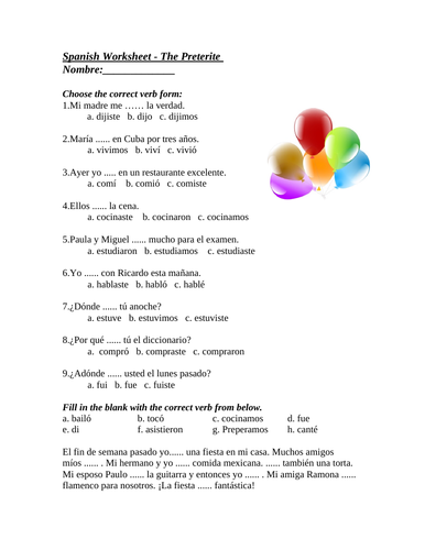 Preterite Tense Worksheet - El pretérito (multiple choice) (SUB PLAN)