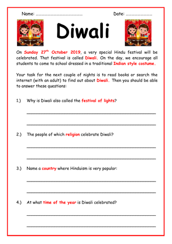 diwali homework worksheet