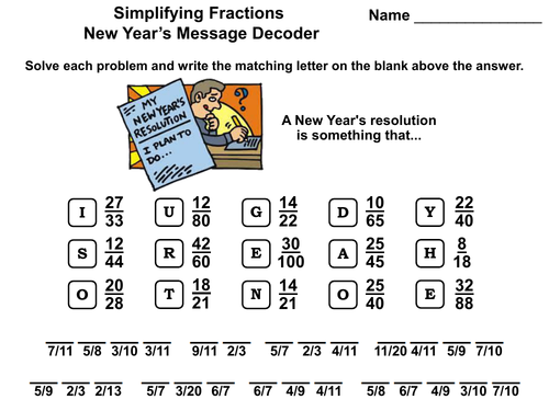 Simplifying Fractions New Year's Math Activity: Message Decoder ...
