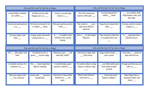 Pets and Pet Care Legal Size Text Tic-Tac-Toe-Bingo Game