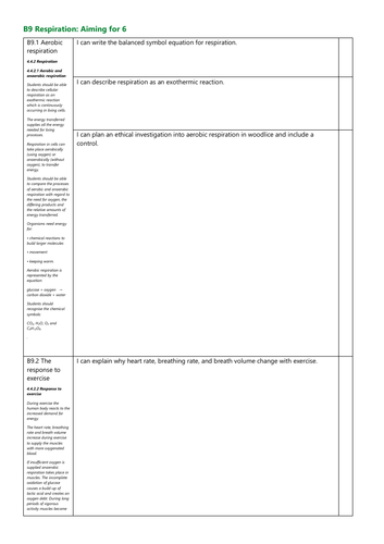 B9 Respiration Grade 6 Checklist AQA New Spec