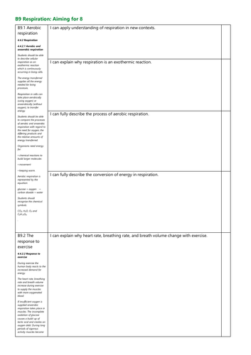 B9 Respiration Grade 8 Checklist AQA New Spec