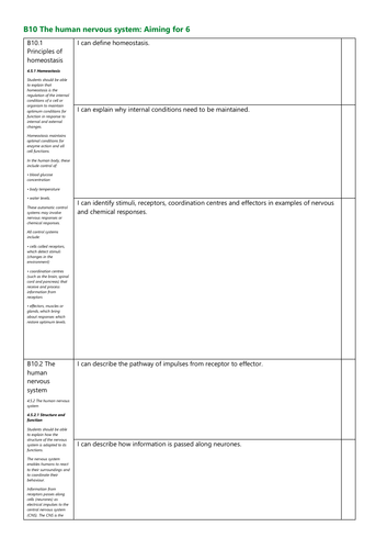 B10 The human nervous system Grade 6 Checklist AQA New Spec