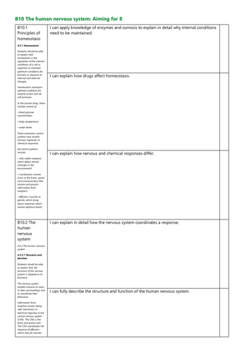 B10 The human nervous system Grade 8 Checklist AQA New Spec