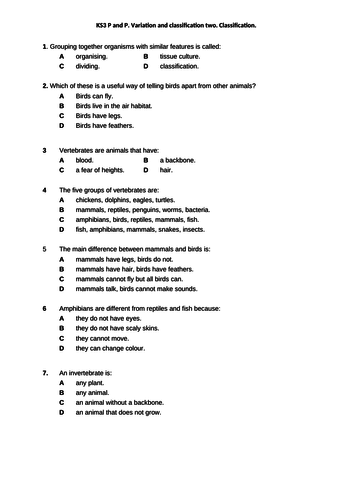 KS3 Unit 8B Biology - Classification - WORKSHEETS ONLY (reproduction ...
