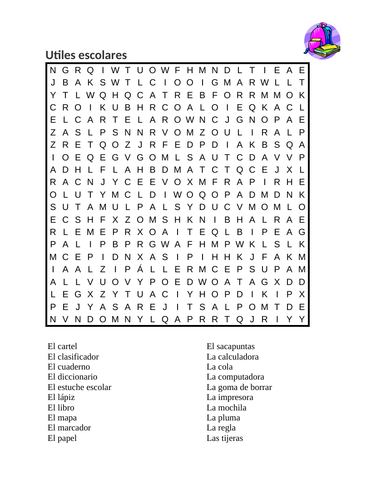 Utiles escolares (School Supplies in Spanish) Wordsearch | Teaching ...