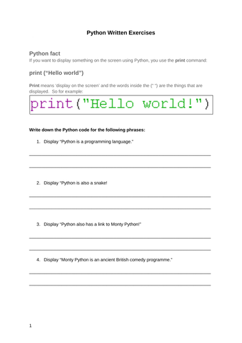 Written worksheet about the Python 'print' function | Teaching ...