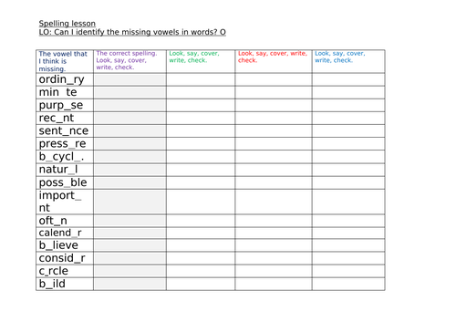 Y3/4 Statutory words spelling sheet. Find the missing vowels ...