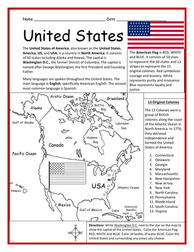 United States of America - Introductory Geography Worksheet | Teaching ...