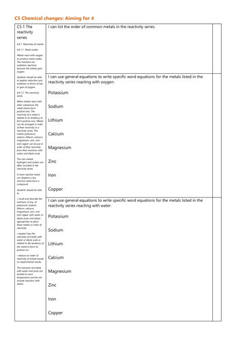 C5 Chemical changes Grade 4 Checklist