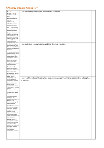 C7 Energy changes Grade 4 Checklist