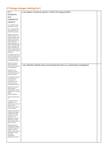 C7 Energy changes Grade 8 Checklist