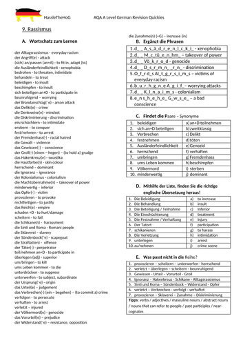 AQA A Level German: Vocabulary worksheets - Einwanderung, Integration, Rassismus