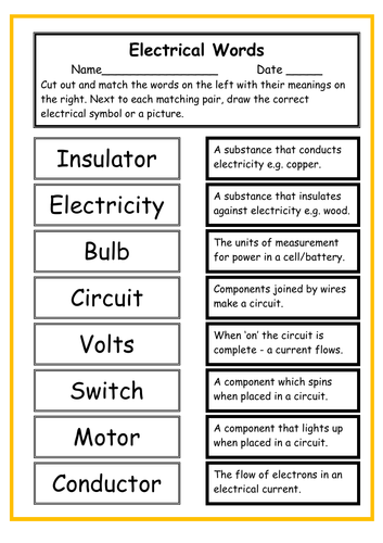 Electrical Words Activities - Circuits